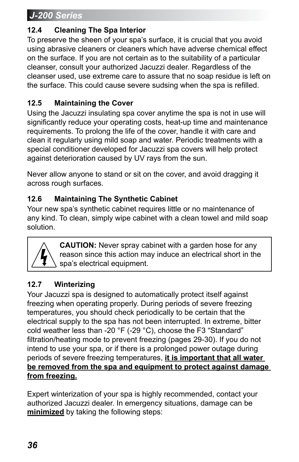 4 cleaning the spa interior, 5 maintaining the cover, 6 maintaining the synthetic cabinet | 7 winterizing, J-200 series | Jacuzzi J - 200 J - 230 User Manual | Page 40 / 64