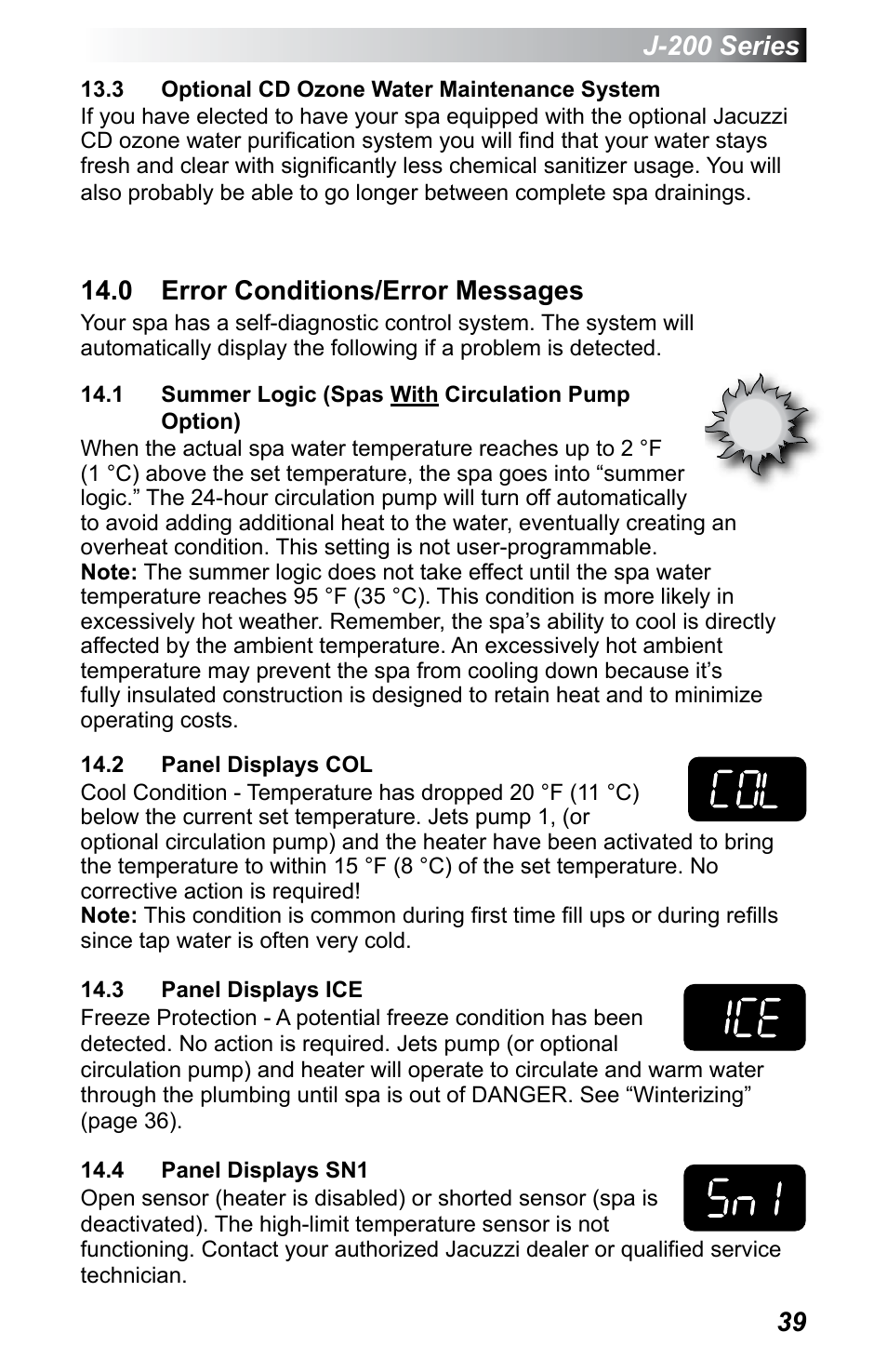 3 optional cd ozone water maintenance system, 0 error conditions/error messages, 1 summer logic (spas with circulation pump option) | 2 panel displays col, 3 panel displays ice, 4 panel displays sn1, J-200 series | Jacuzzi J - 200 J - 230 User Manual | Page 43 / 64