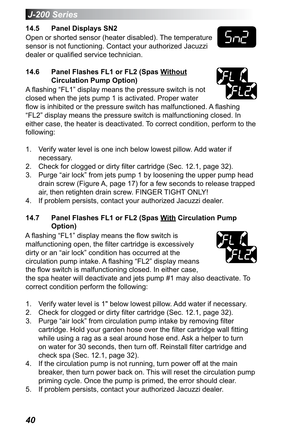 5 panel displays sn2, Pump option), J-200 series | Jacuzzi J - 200 J - 230 User Manual | Page 44 / 64