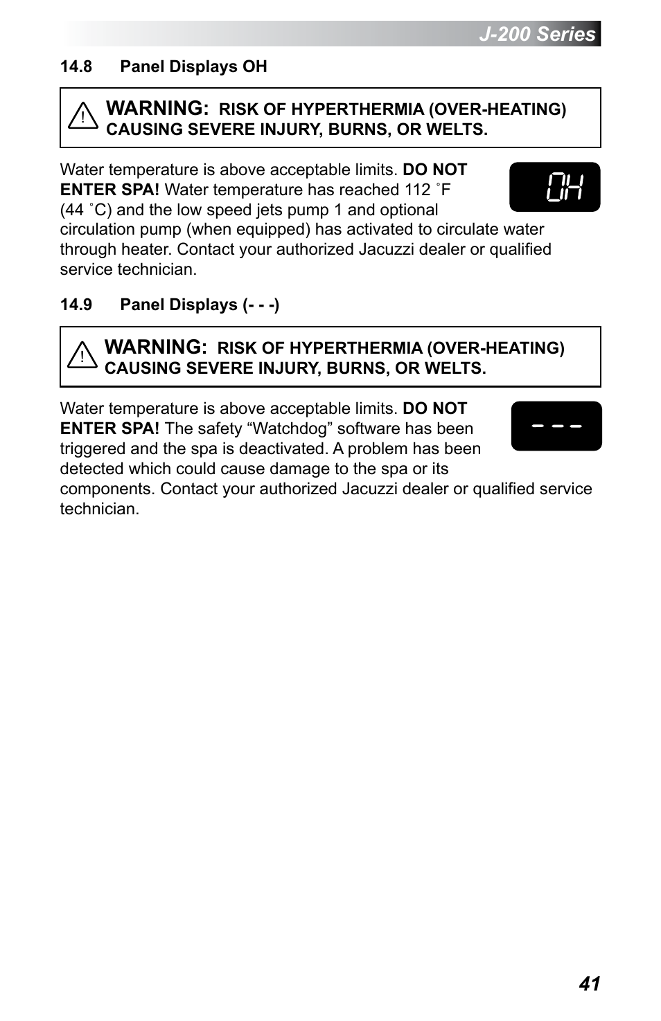 8 panel displays oh, 9 panel displays (- - -), J-200 series | Warning | Jacuzzi J - 200 J - 230 User Manual | Page 45 / 64