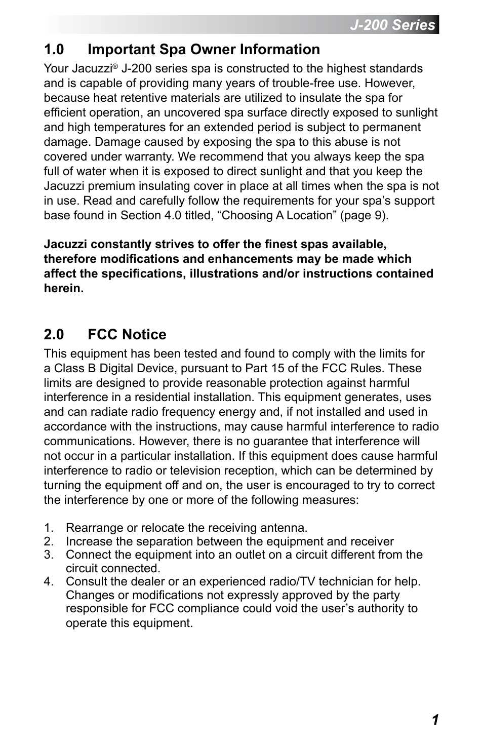 0 important spa owner information, 0 fcc notice | Jacuzzi J - 200 J - 230 User Manual | Page 5 / 64