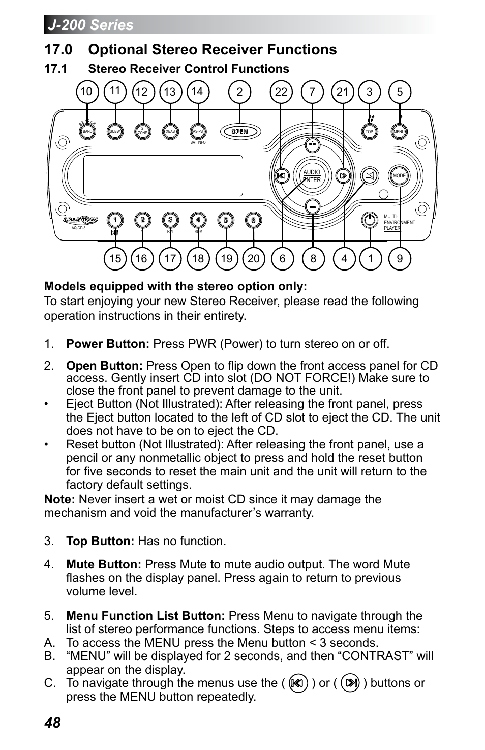 0 optional stereo receiver functions, 1 stereo receiver control functions | Jacuzzi J - 200 J - 230 User Manual | Page 52 / 64