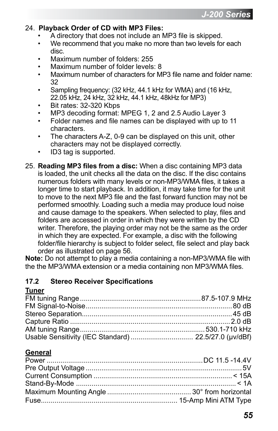 2 stereo receiver specifications, J-200 series | Jacuzzi J - 200 J - 230 User Manual | Page 59 / 64
