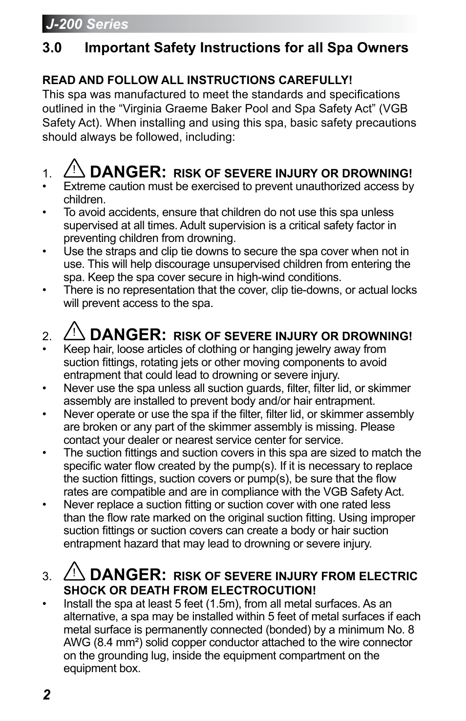 0 important safety instructions for all spa owners, Danger | Jacuzzi J - 200 J - 230 User Manual | Page 6 / 64
