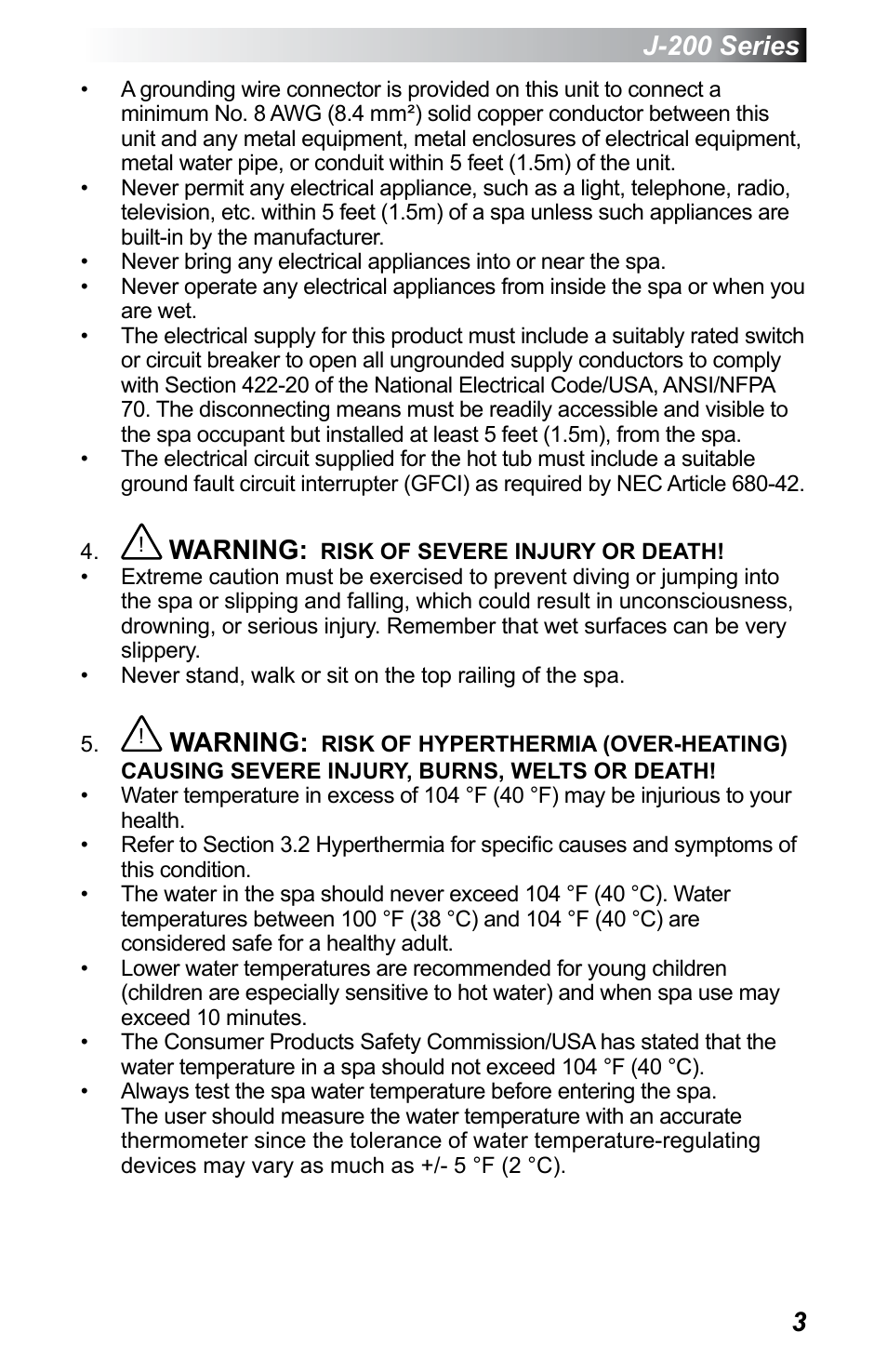 J-200 series, Warning | Jacuzzi J - 200 J - 230 User Manual | Page 7 / 64