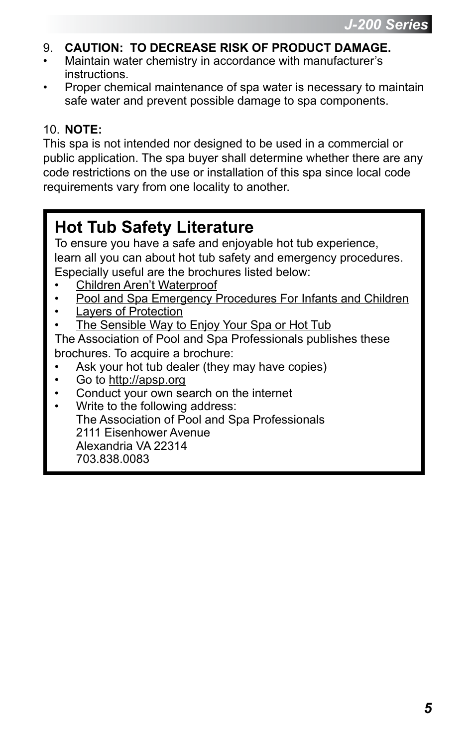 Hot tub safety literature, J-200 series | Jacuzzi J - 200 J - 230 User Manual | Page 9 / 64