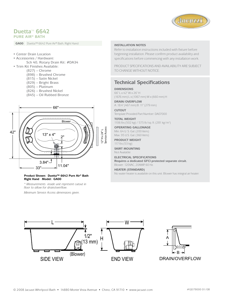 Duetta, End view h w side view l 1/2" (13 mm) (blower), Technical specifications | Jacuzzi Duetta GA00 User Manual | Page 2 / 2