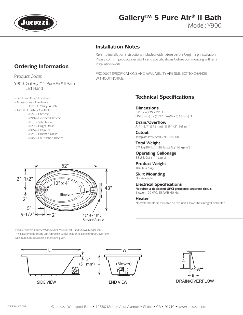 Gallery™ 5 pure air® ii bath, Model: y900, Ordering information | Technical speciﬁ cations | Jacuzzi gallery Y900 User Manual | Page 2 / 2