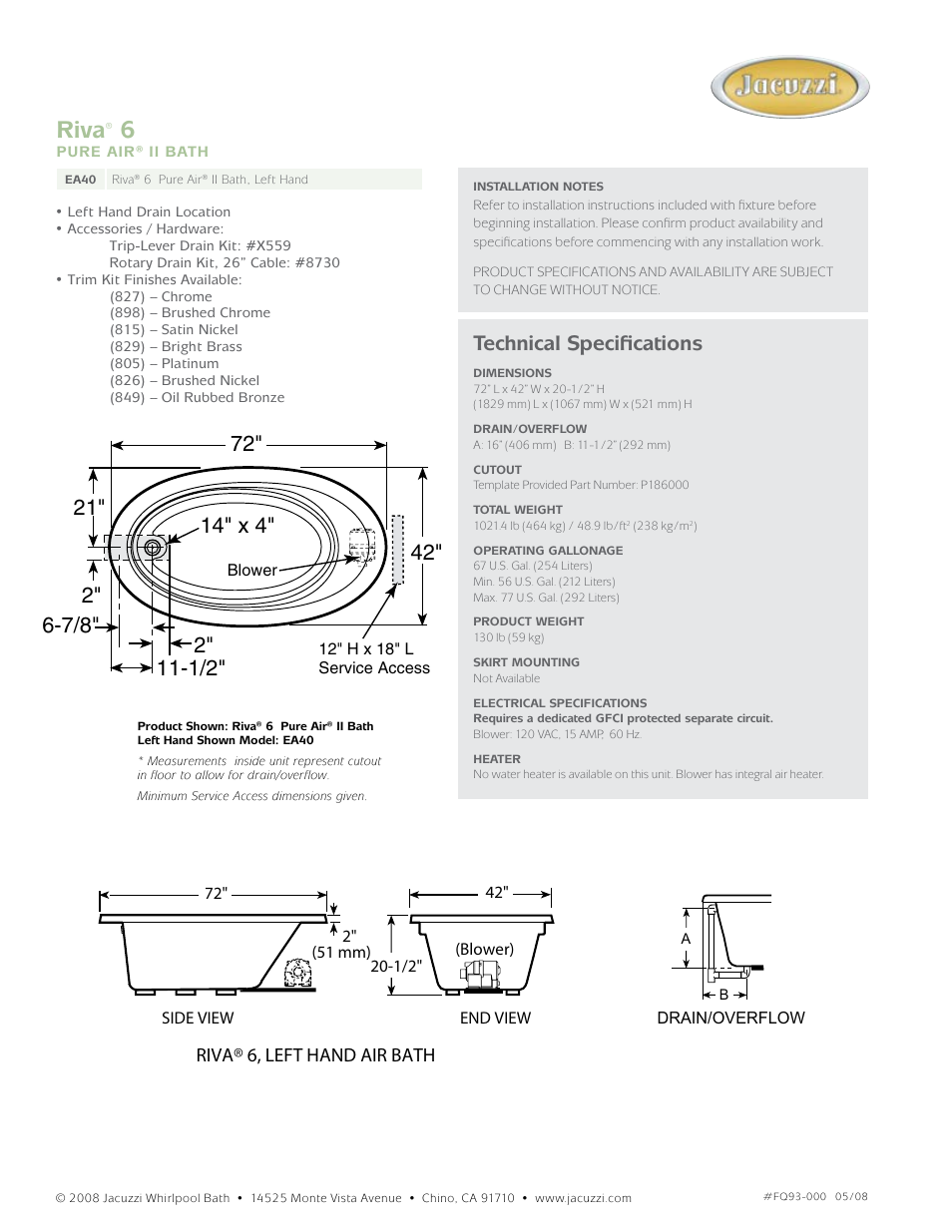 Riva, Technical specifications, Riva® 6, left hand air bath | Jacuzzi Riva 6 Pure Air II Bath EA40 User Manual | Page 2 / 2