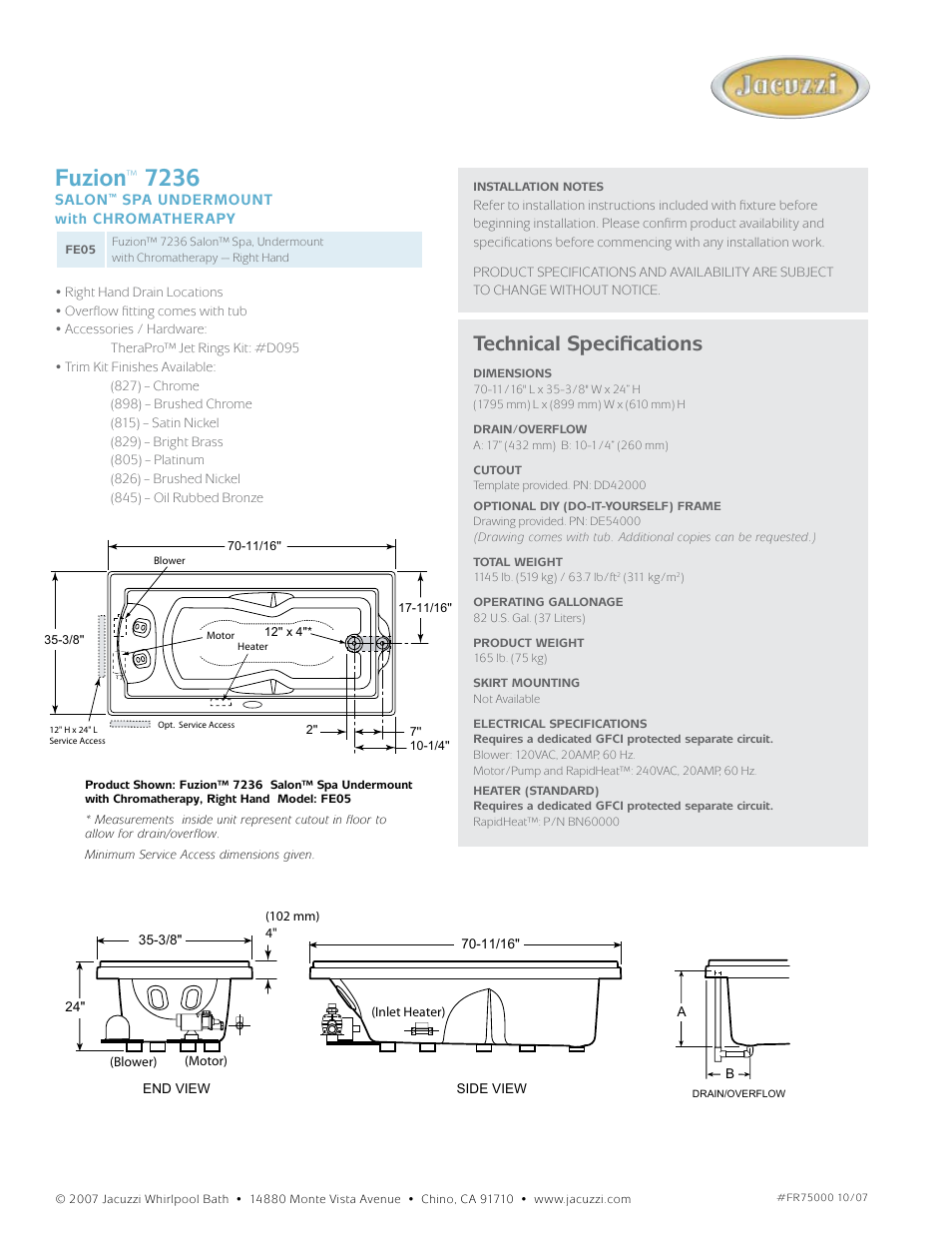 Fuzion, Technical specifications | Jacuzzi FR76 User Manual | Page 2 / 2