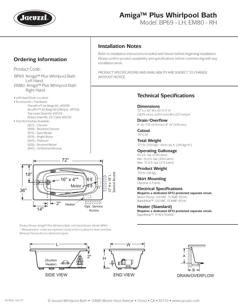 Amiga™ plus whirlpool bath, Model: bp69 - lh, em80 - rh, Ordering information | Technical speciﬁ cations | Jacuzzi Amiga EM80 - RH User Manual | Page 2 / 2