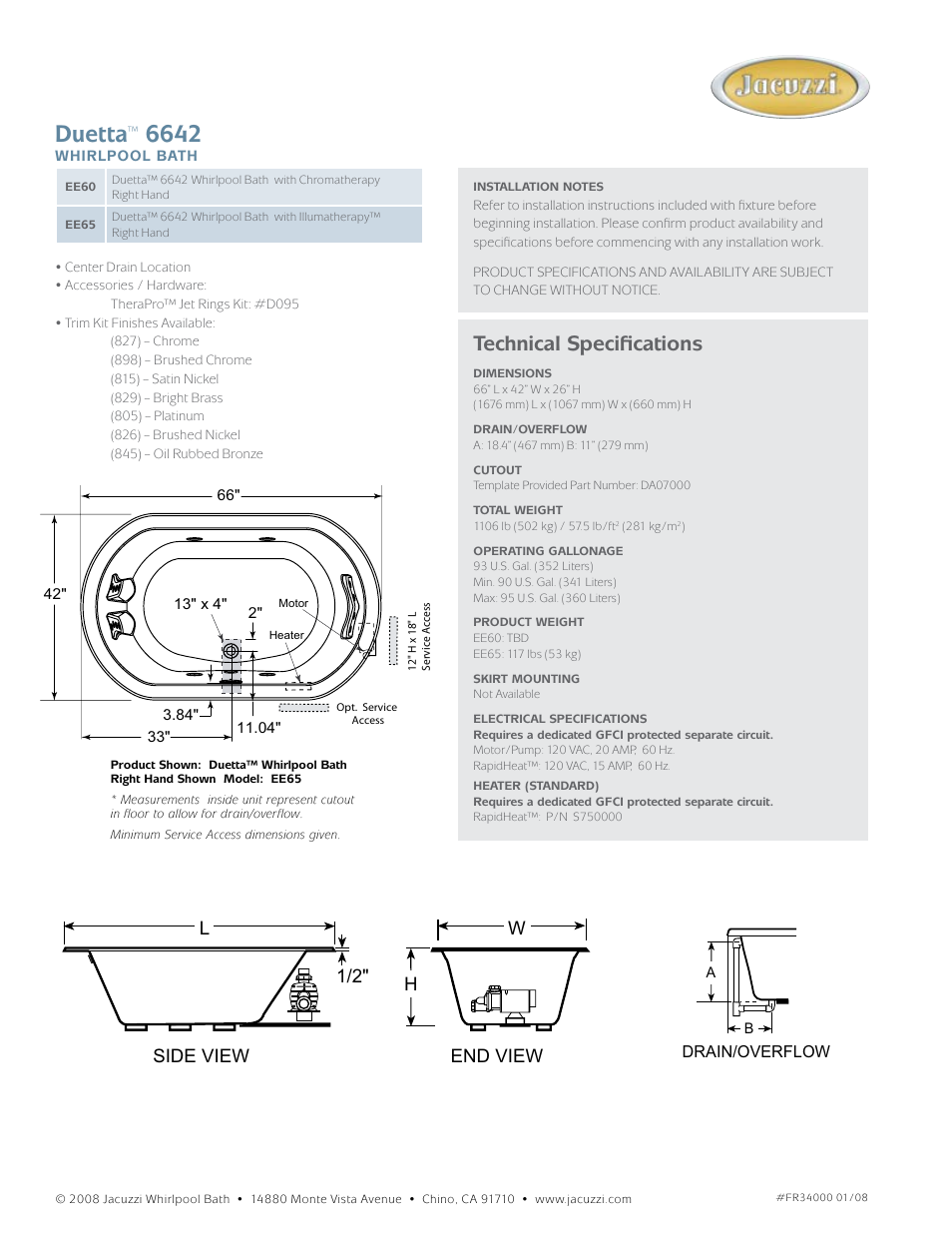 Duetta, Technical specifications, End view h w side view l 1/2 | Jacuzzi Duetta EE60 User Manual | Page 2 / 2