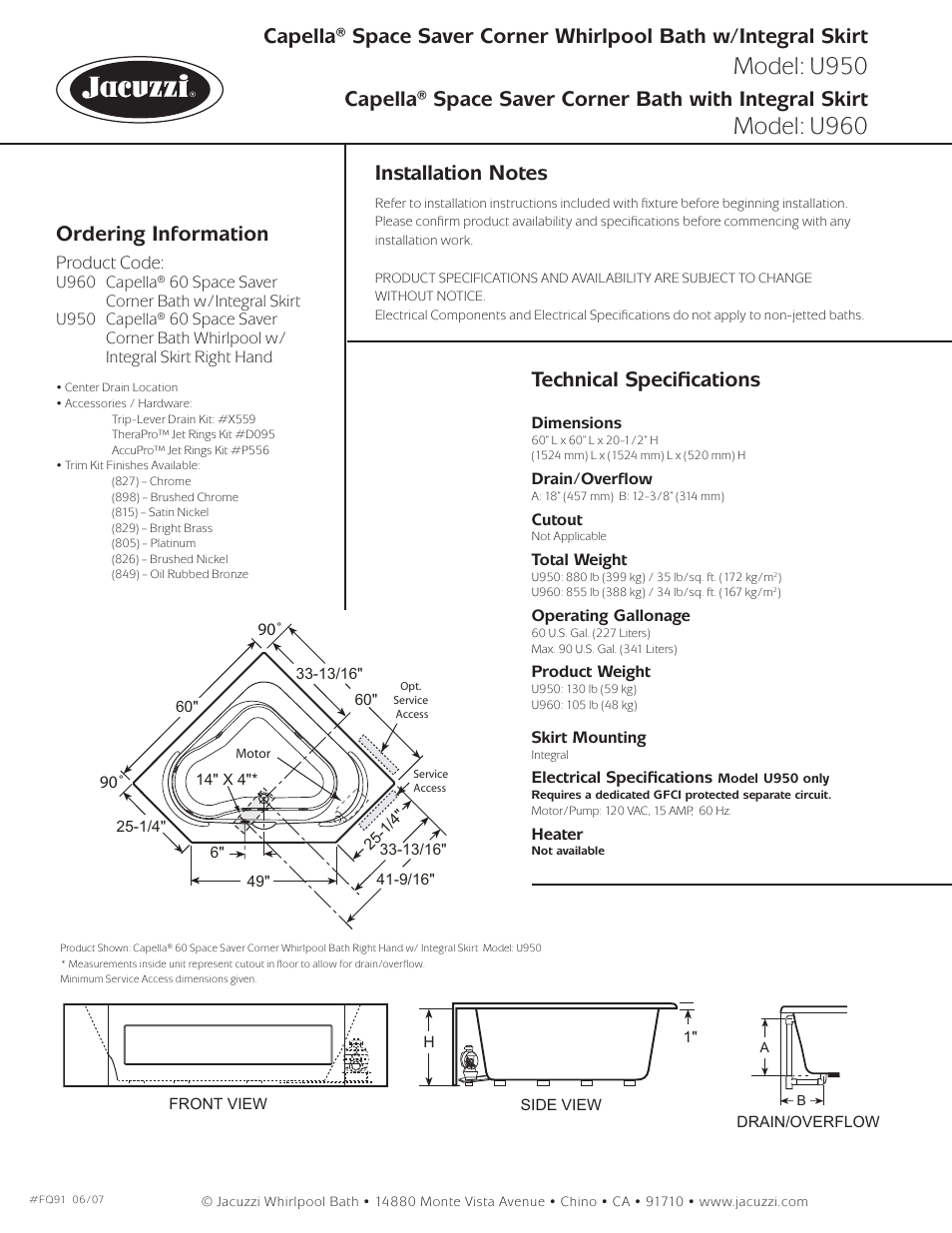 Model: u950, Model: u960, Ordering information | Technical speciﬁ cations, Product code | Jacuzzi Capella 60 Space Saver w/Skirt U950 User Manual | Page 2 / 2