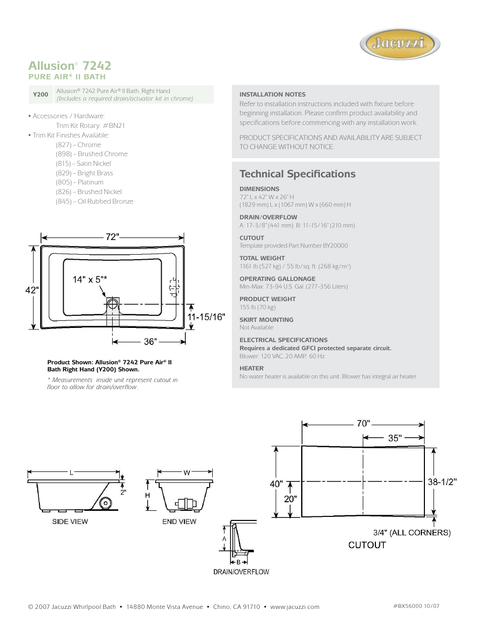 Allusion, Technical specifications | Jacuzzi Allusion Y200 User Manual | Page 2 / 2