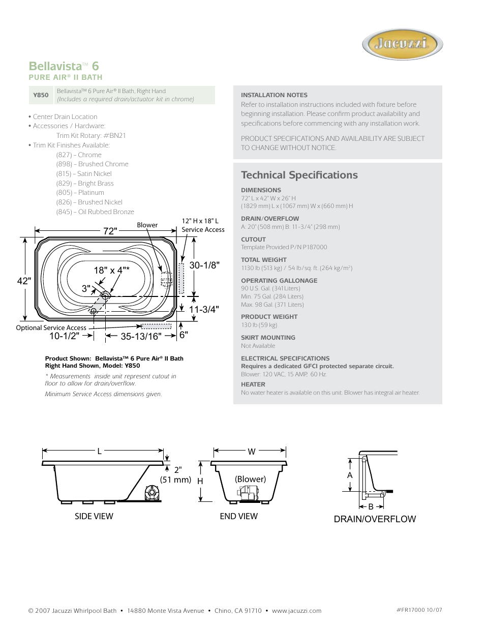 Bellavista, Technical specifications | Jacuzzi Bellavista 6 User Manual | Page 2 / 2