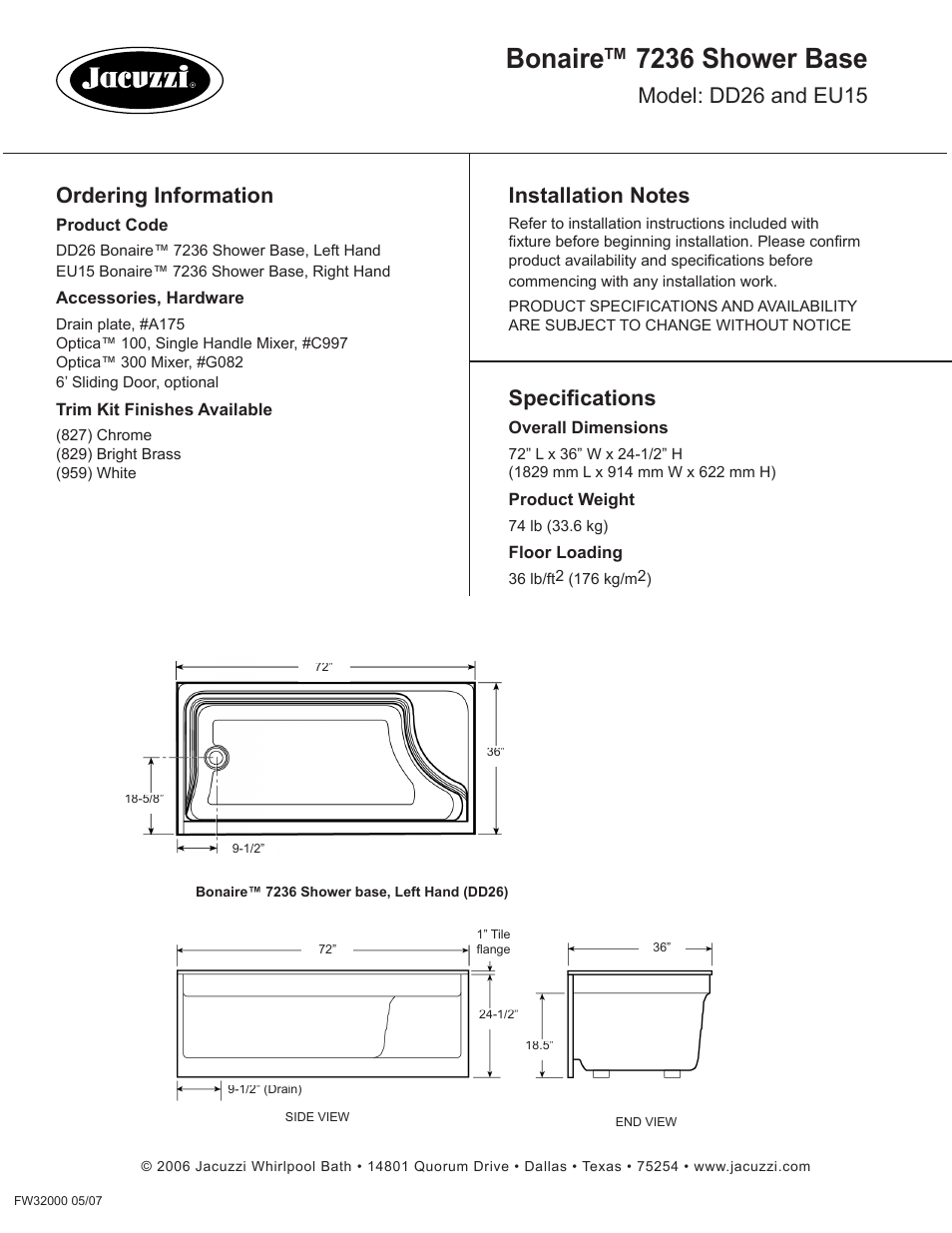 Bonaire™ 7236 shower base, Specifications, Ordering information | Jacuzzi Bonaire 7236 Shower Base EU15 User Manual | Page 2 / 2