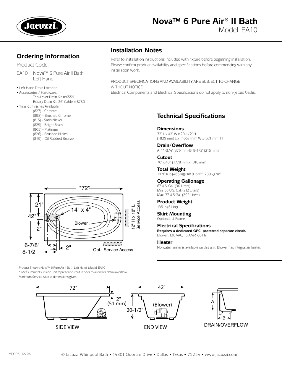 Nova™ 6 pure air® ii bath, Model: ea10, Ordering information | Technical specifications, Nova® 6, right hand pure air ii bath | Jacuzzi Nova 6 Pure Air II bath FQ96 User Manual | Page 2 / 2