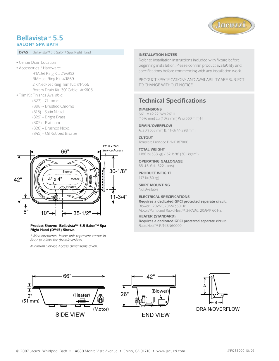 Bellavista, Technical specifications, End view side view | Jacuzzi Bellavista DY45 User Manual | Page 2 / 2