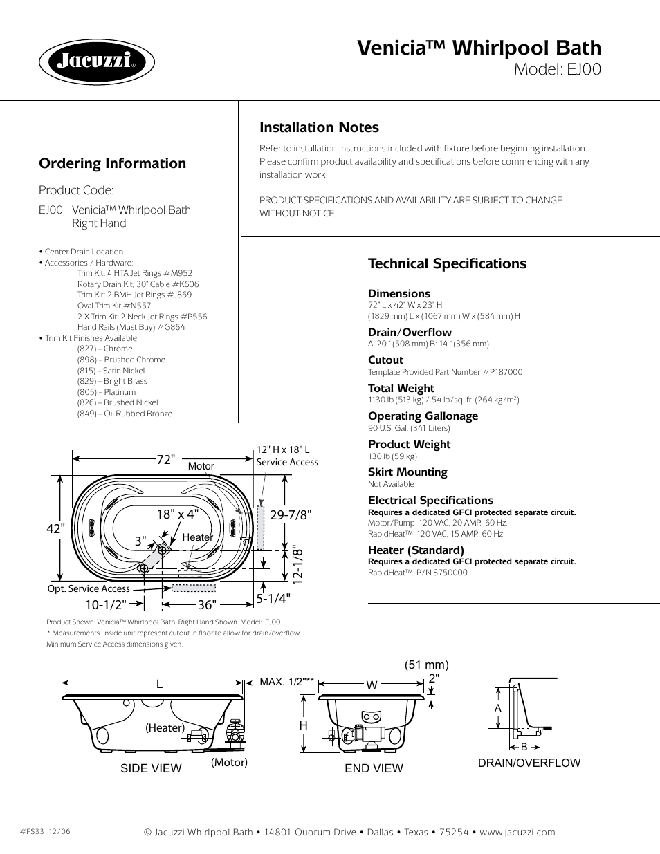 Venicia™ whirlpool bath, Model: ej00, Ordering information | Technical specifications, Venicia | Jacuzzi Venicia Whirlpool Bath EJ00 User Manual | Page 2 / 2