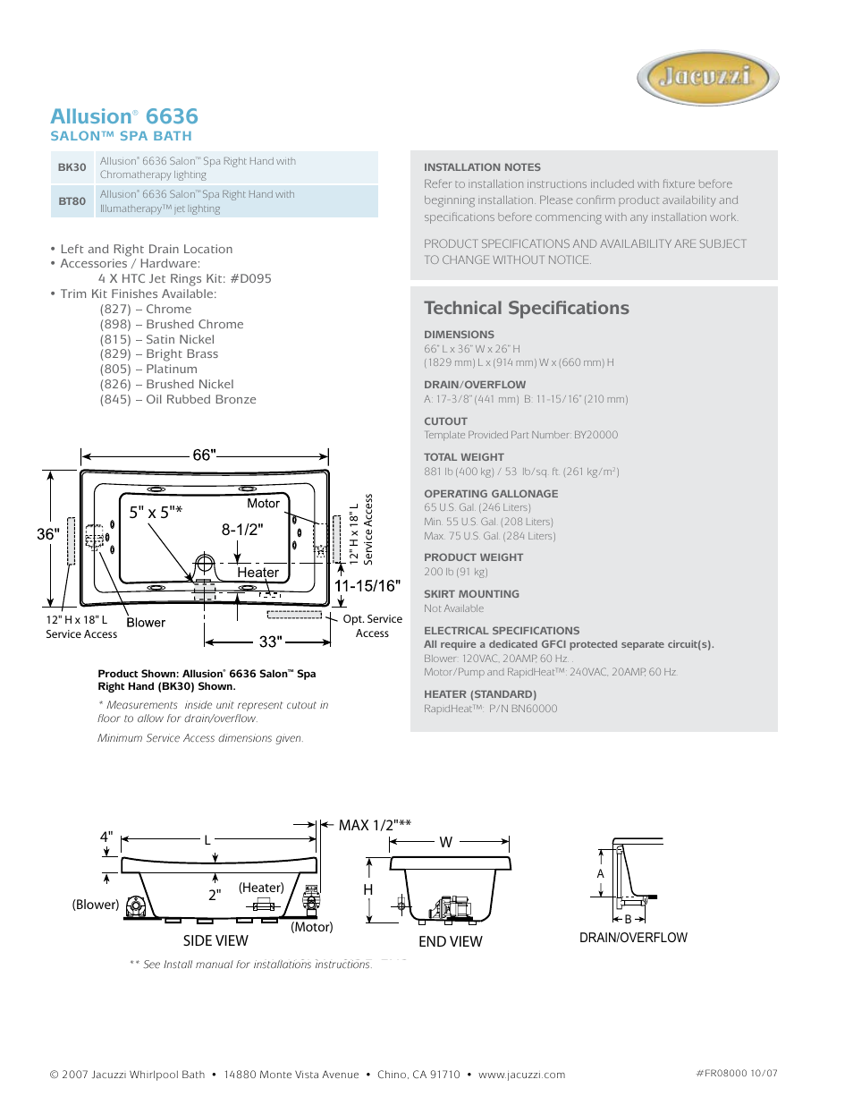 Allusion, Technical specifications, 5" x 5 | Allusion side end, End view h w side view, Max 1/2 | Jacuzzi Allusion BK30 User Manual | Page 2 / 2