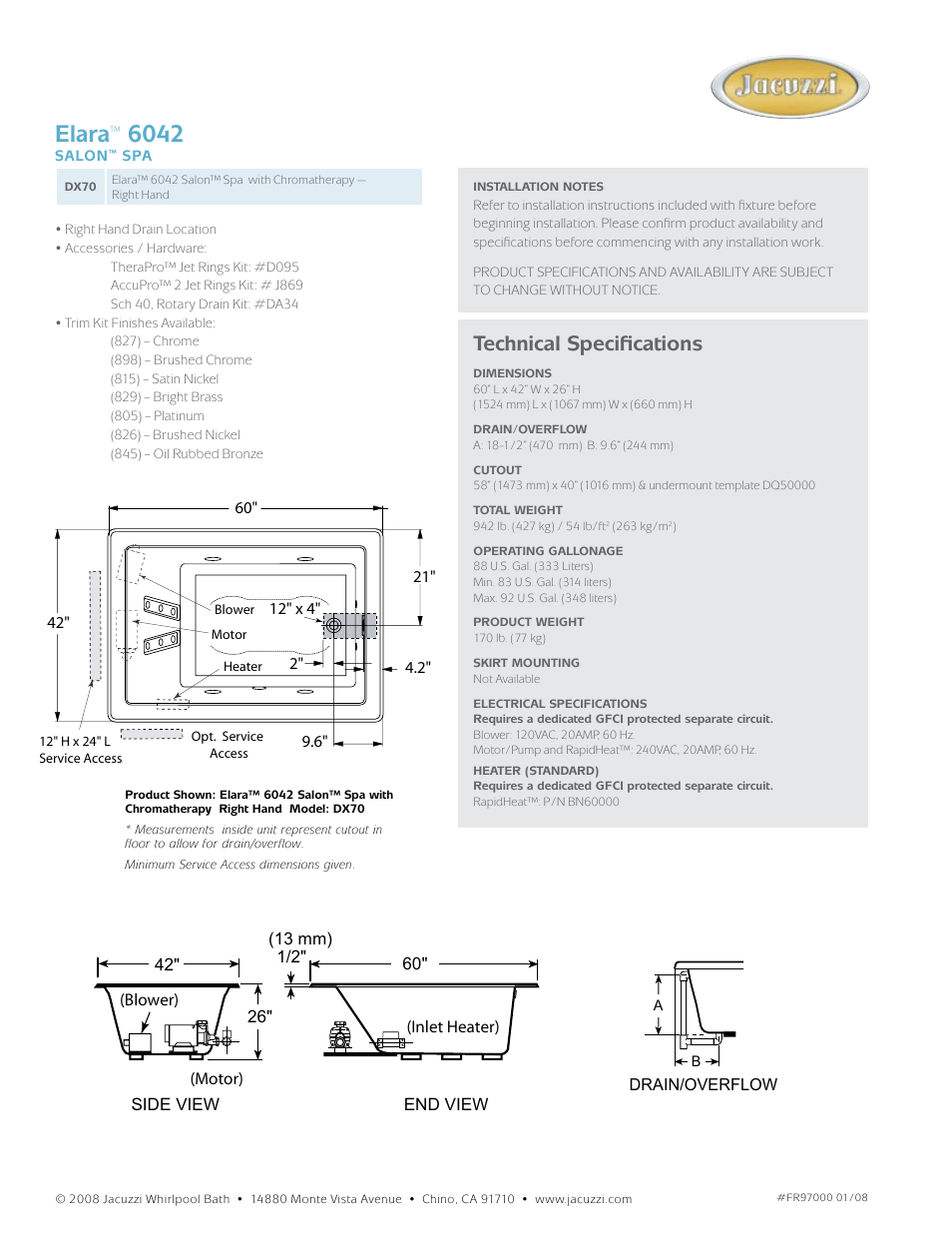 Elara, Technical specifications | Jacuzzi Elara DX70 User Manual | Page 2 / 2