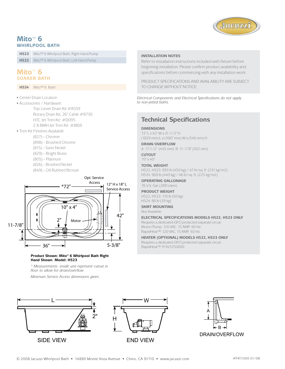 Mito, Technical specifications | Jacuzzi Mito H522 User Manual | Page 2 / 2