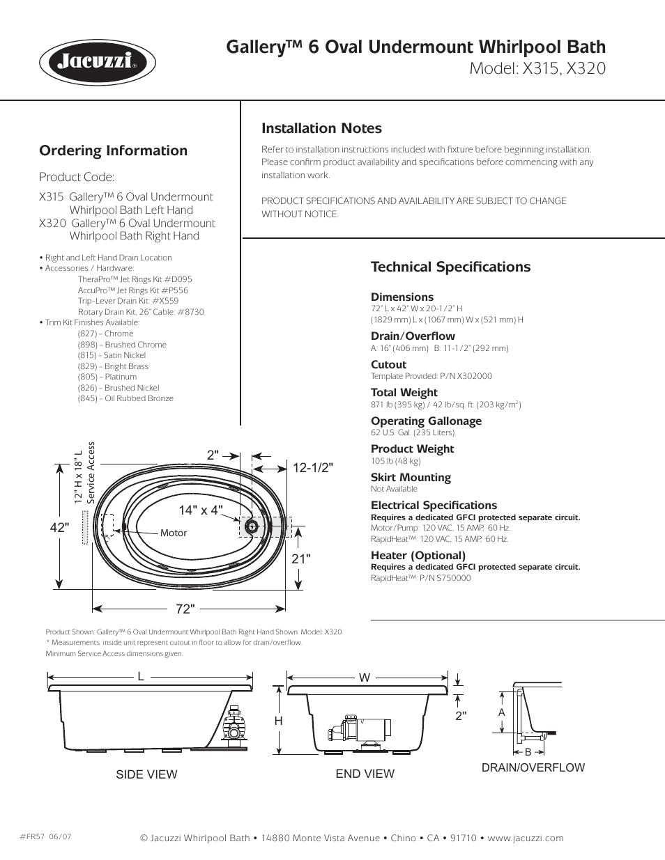 Gallery™ 6 oval undermount whirlpool bath, Ordering information, Technical speciﬁ cations | Jacuzzi Gallery X320-RH User Manual | Page 2 / 2