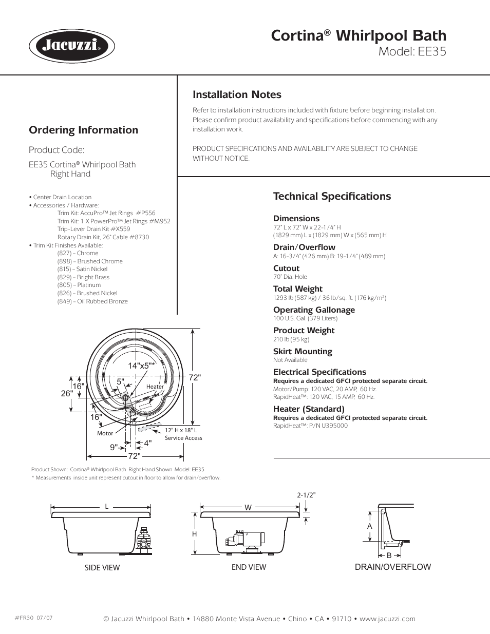 Cortina® whirlpool bath, Model: ee35, Ordering information | Technical speciﬁ cations, Product code | Jacuzzi Cortina EE35 User Manual | Page 2 / 2