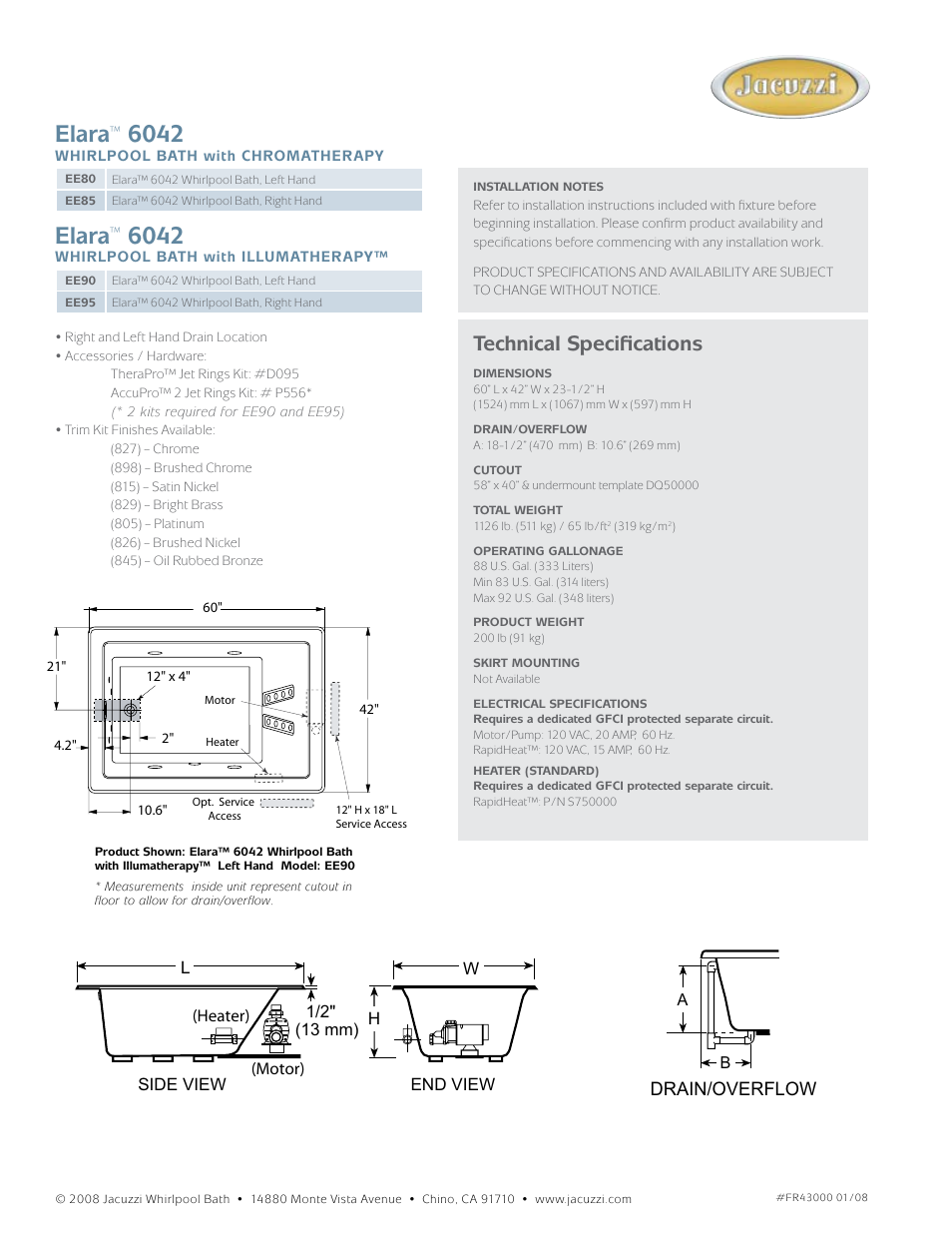 Elara, Technical specifications, Elara 6042 l h | Drain/overflow | Jacuzzi Elarachroma EE95 User Manual | Page 2 / 2