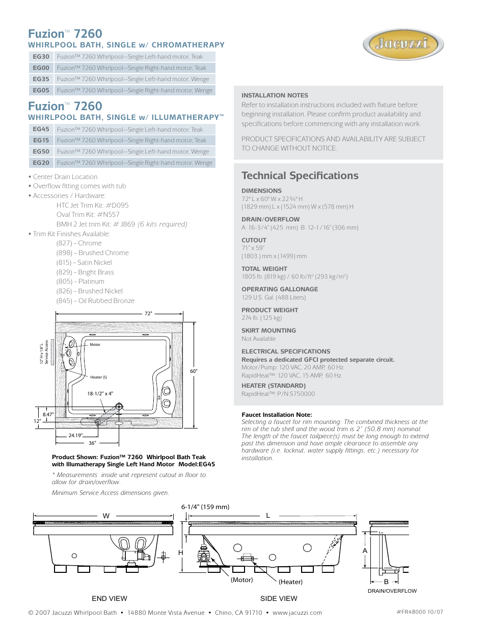 Fuzion, Technical specifications | Jacuzzi Fuzion 7260 User Manual | Page 2 / 2