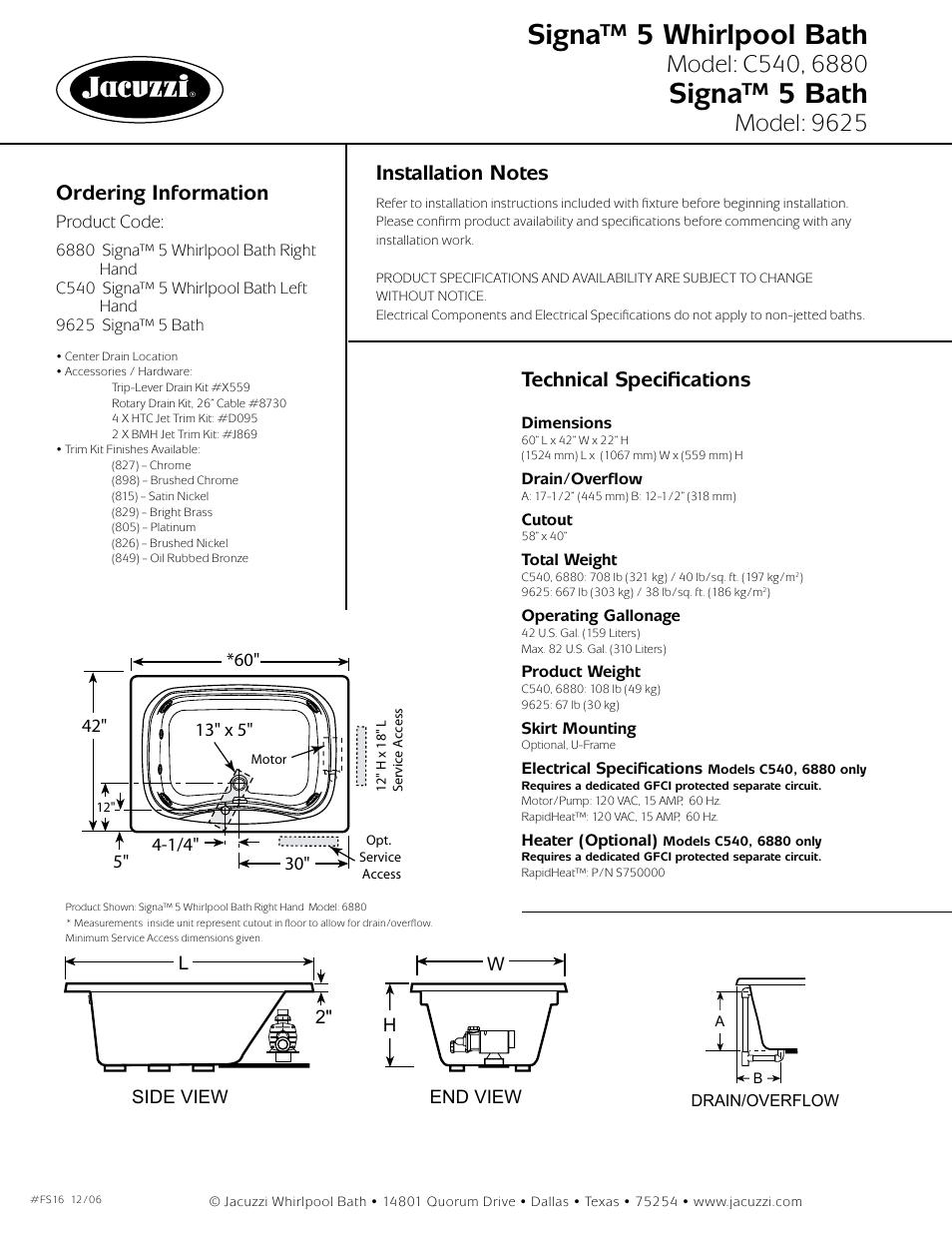 Signa™ 5 whirlpool bath, Signa™ 5 bath, Model: 9625 | Ordering information, Technical specifications | Jacuzzi Signa 5 Whirlpool Bath and Soaking Bath 9625 User Manual | Page 2 / 2