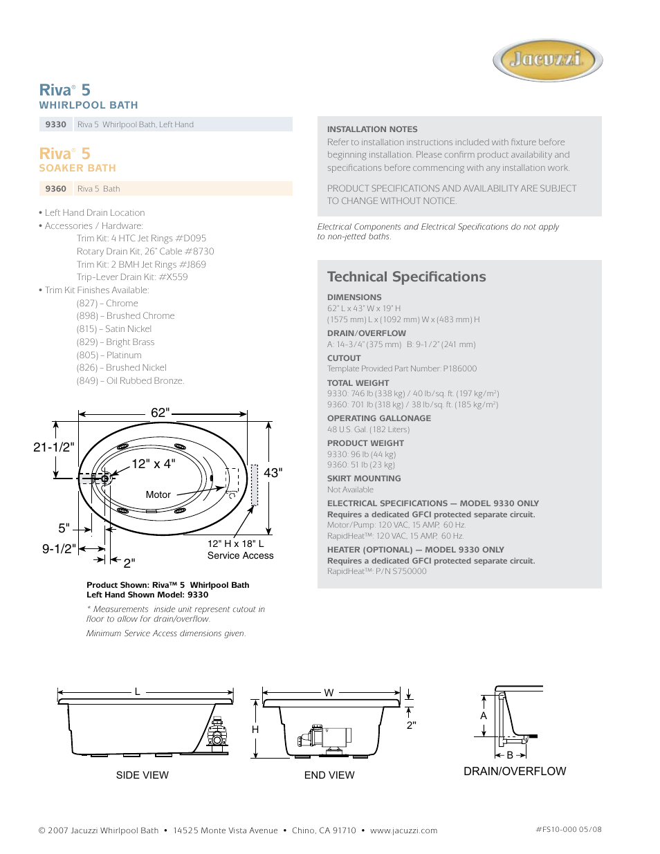 Riva, Technical specifications | Jacuzzi Riva 5 and Soaking Bath 9360 User Manual | Page 2 / 2