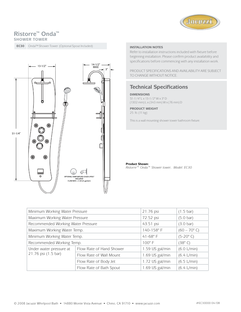 Ristorre, Onda, Technical specifications | Jacuzzi Ristorre Onda EC30 User Manual | Page 2 / 2