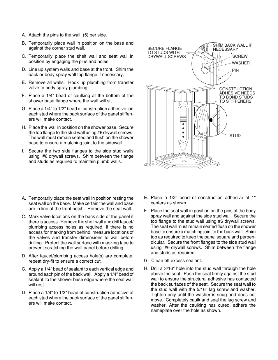 Step 4. back or body spray installation, Step 5. seat wall installation | Jacuzzi Neo Angle Shower System User Manual | Page 4 / 8