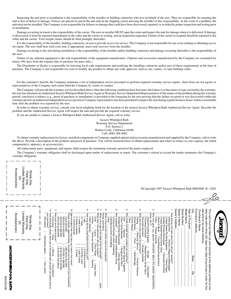 Warranty registration card, Responsibilities of others, Warranty service | Jacuzzi Neo Angle Shower System User Manual | Page 8 / 8