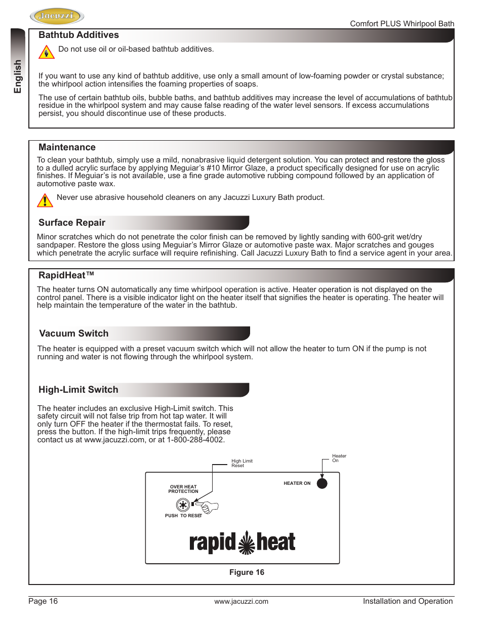 English, Bathtub additives maintenance surface repair, Vacuum switch high-limit switch rapidheat | Jacuzzi HE96000 User Manual | Page 16 / 28