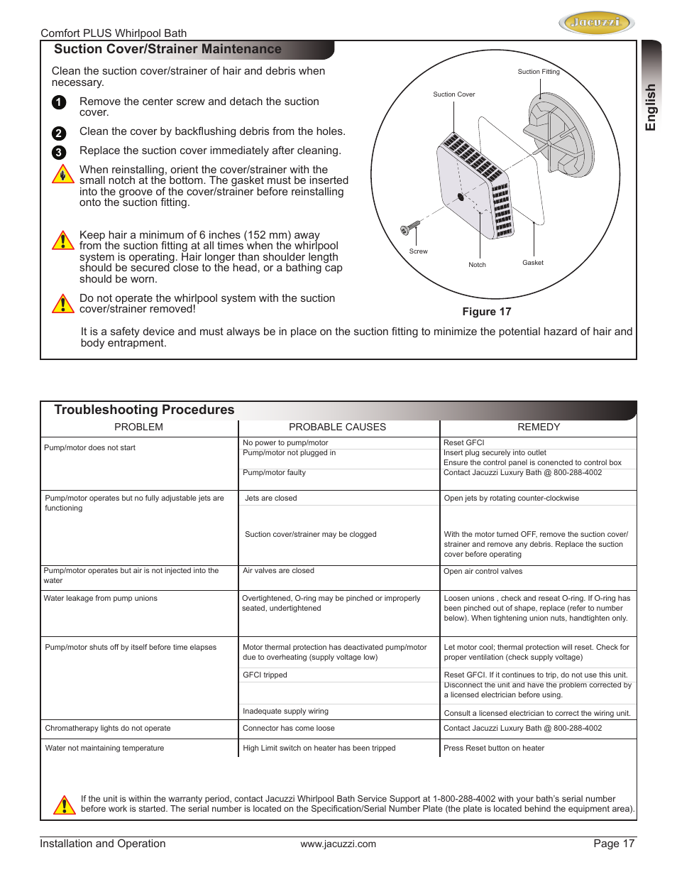 English troubleshooting procedures, Suction cover/strainer maintenance | Jacuzzi HE96000 User Manual | Page 17 / 28