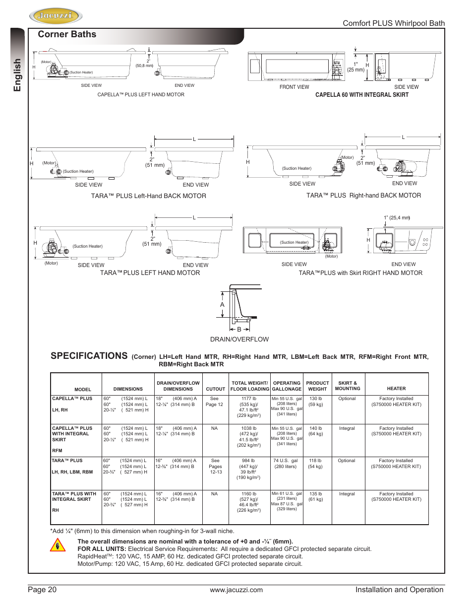 English, Corner baths, Specifications | Comfort plus whirlpool bath page 20, Installation and operation, Tara ™ plus left hand motor, Tara™ plus right-hand back motor | Jacuzzi HE96000 User Manual | Page 20 / 28