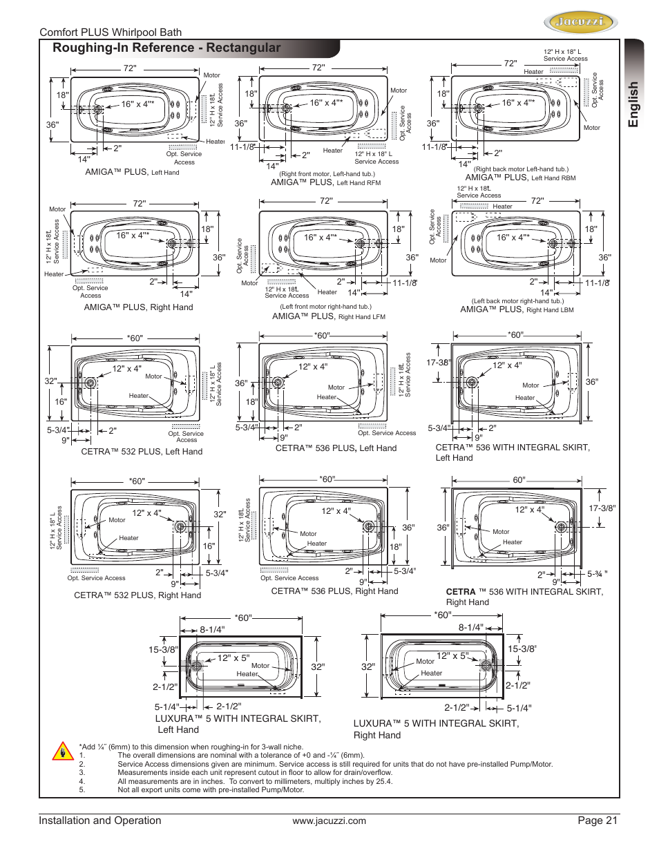 English roughing-in reference - rectangular, Page 21 | Jacuzzi HE96000 User Manual | Page 21 / 28