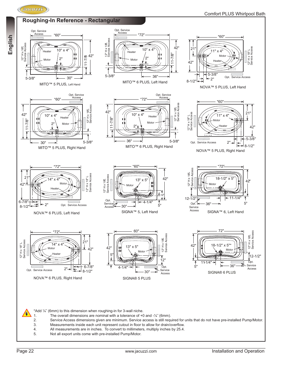English roughing-in reference - rectangular, Comfort plus whirlpool bath page 22, Installation and operation | Jacuzzi HE96000 User Manual | Page 22 / 28