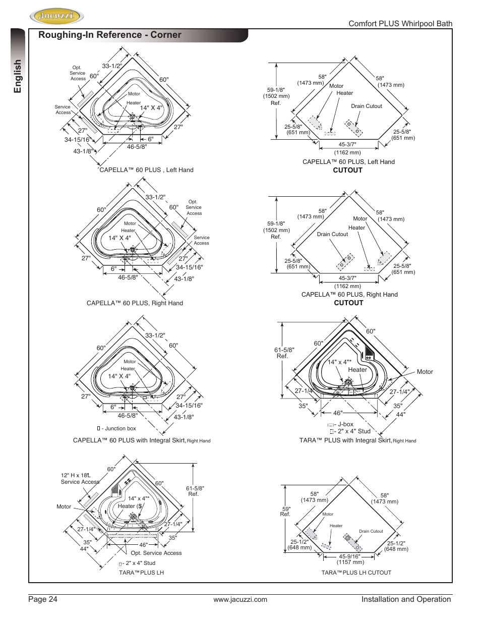 English roughing-in reference - corner, Comfort plus whirlpool bath page 24, Installation and operation | Jacuzzi HE96000 User Manual | Page 24 / 28