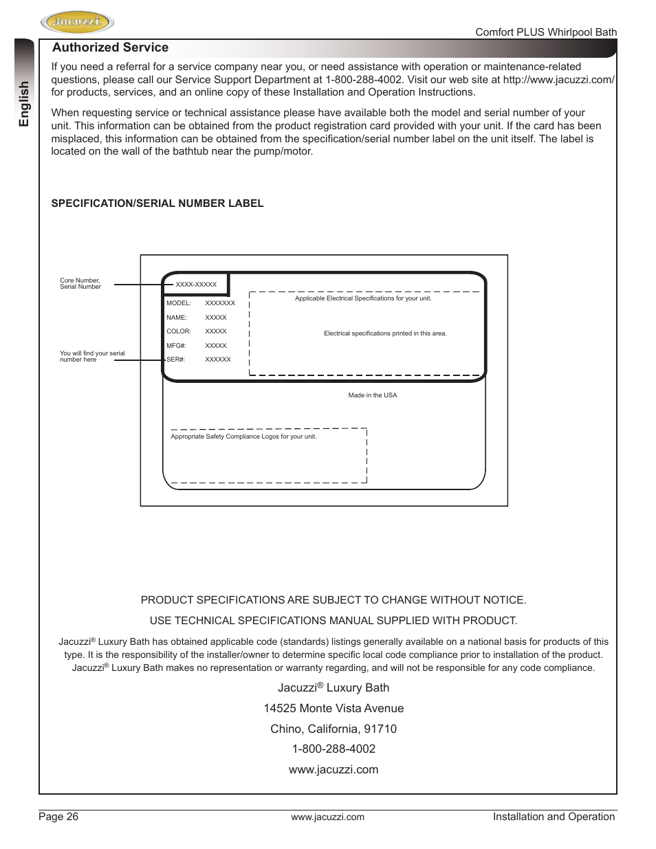 English authorized service, Jacuzzi | Jacuzzi HE96000 User Manual | Page 26 / 28