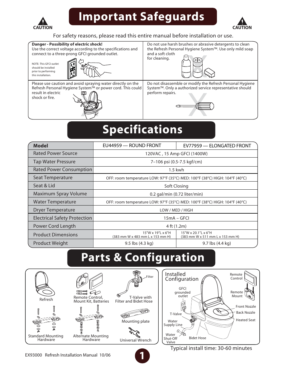 Important safeguards, Specifications parts & configuration | Jacuzzi Personal Hygiene System EV77959 User Manual | Page 2 / 8