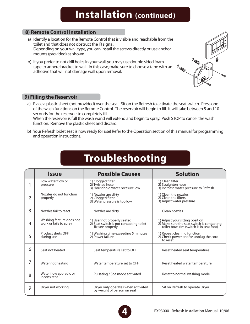 Installation, Troubleshooting, Continued) | Issue possible causes solution | Jacuzzi Personal Hygiene System EV77959 User Manual | Page 5 / 8