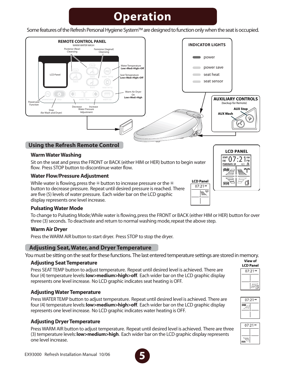 Operation, Warm water washing, Water flow/pressure adjustment | Pulsating water mode, Warm air dryer, Adjusting seat temperature, Adjusting water temperature, Adjusting dryer temperature | Jacuzzi Personal Hygiene System EV77959 User Manual | Page 6 / 8