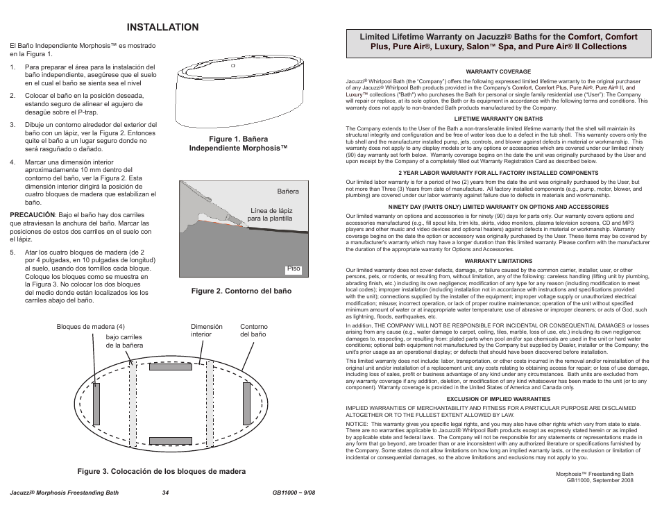 Installation, Limited lifetime warranty on jacuzzi, Baths for the comfort, comfort plus, pure air | Luxury, salon, Spa, and pure air, Ii collections | Jacuzzi MORPHOSIS GB11000 User Manual | Page 11 / 22