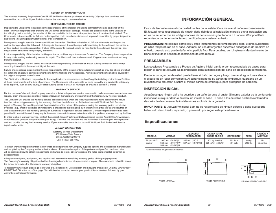 Especificaciones información general, Preasamblea, Inspección inicial | Jacuzzi MORPHOSIS GB11000 User Manual | Page 12 / 22