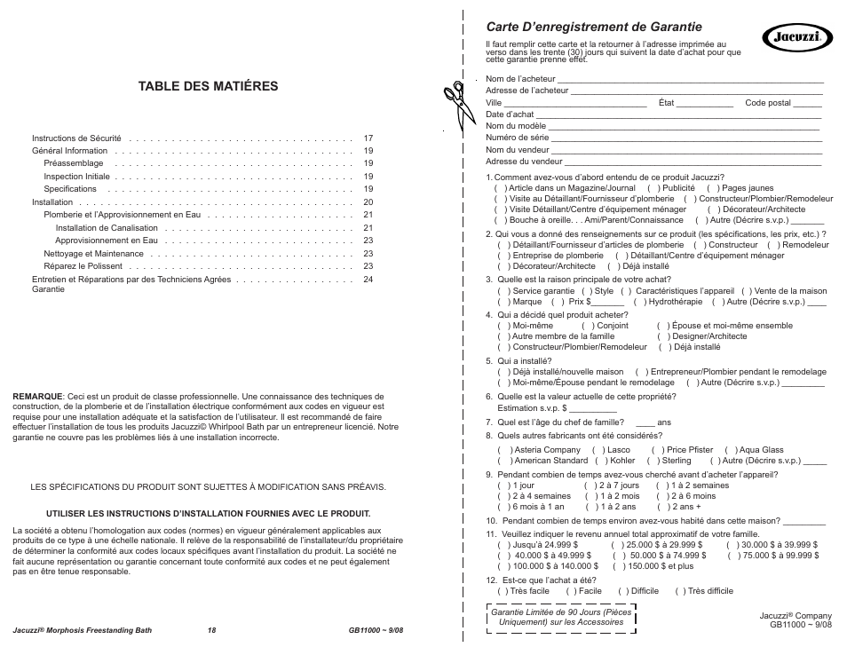 Table des matiéres, Carte d’enregistrement de garantie | Jacuzzi MORPHOSIS GB11000 User Manual | Page 18 / 22