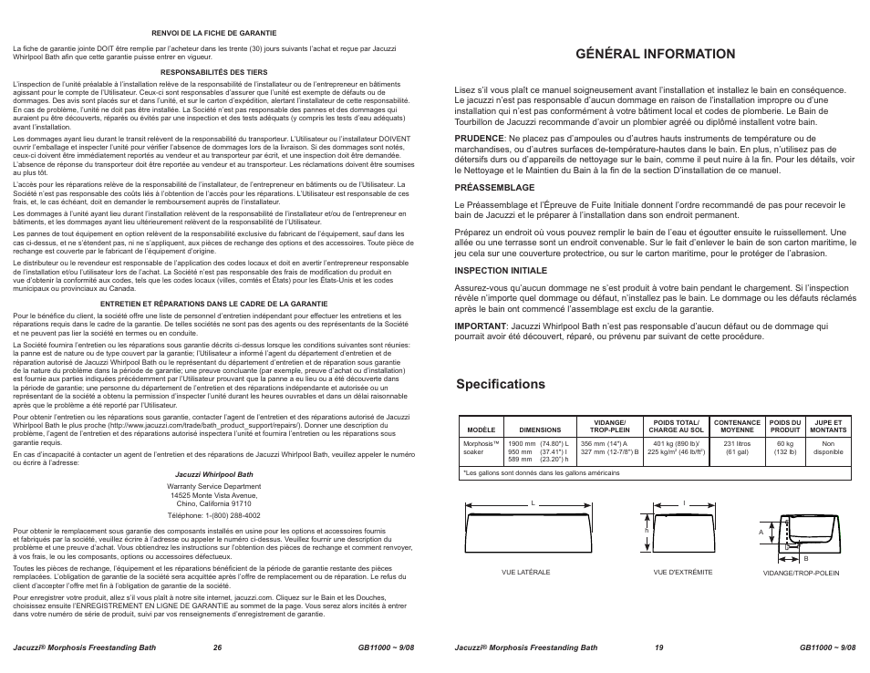 Specifications général information | Jacuzzi MORPHOSIS GB11000 User Manual | Page 19 / 22