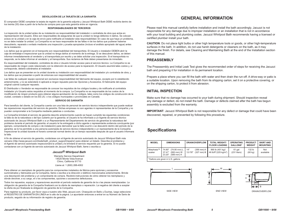 General information, Specifications, Preassembly | Initial inspection | Jacuzzi MORPHOSIS GB11000 User Manual | Page 5 / 22